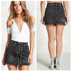 Forever 21 Distressed Black Denim Lace Up Skirt